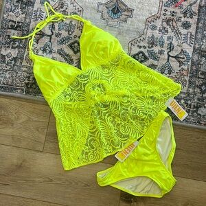 UJENA Neon Yellow Sheer Tankini with removable cups XL
